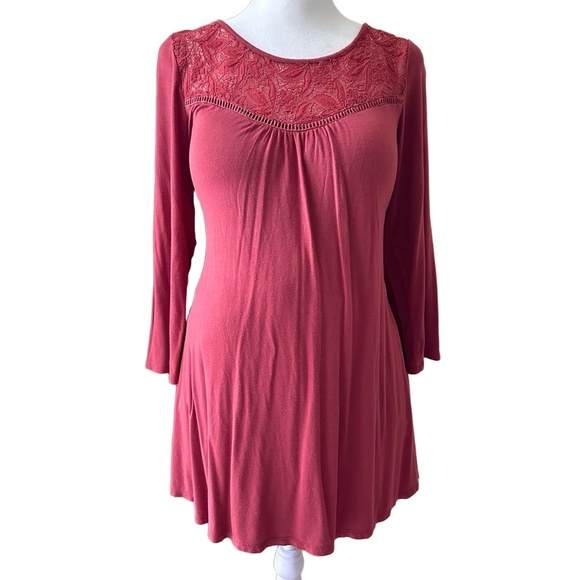 MOTHERHOOD Red Rust Lace Long Sleeve Gathered Front Flowy Boho Maternity Dress M - Picture 1 of 15